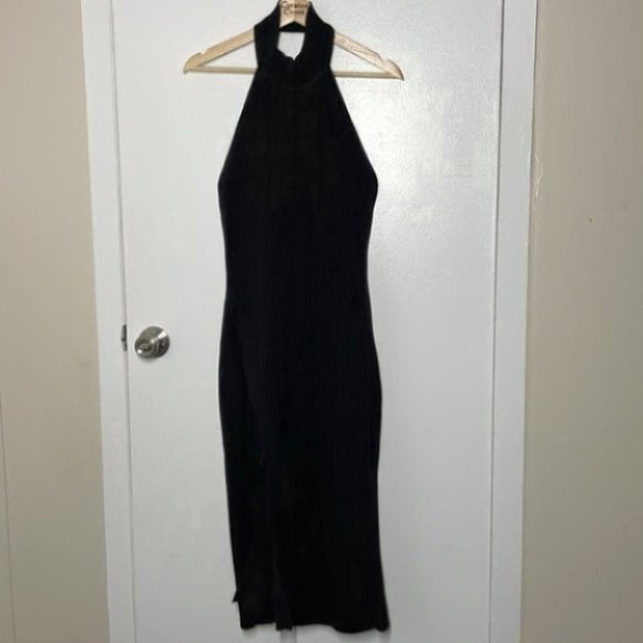 Ronny Kobo Mardelle Asymmetrical High Leg Slit Halter Black Ribbed Midi dress - Picture 2 of 12